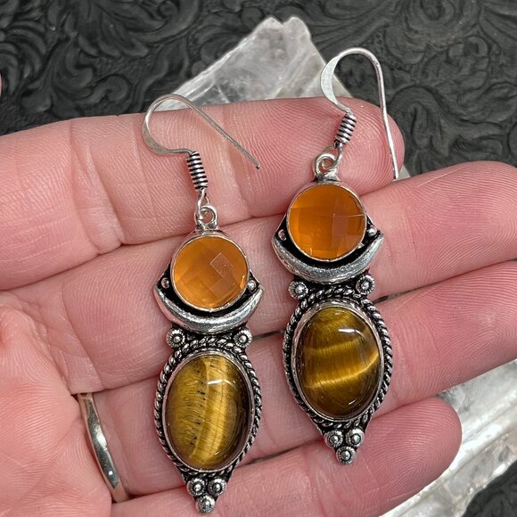 Tigers Eye and Carnelian Crescent Moon Earrings Crystal Stone Jewelry - Picture 3 of 6